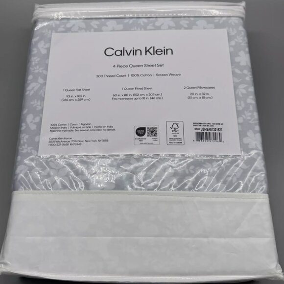 4pc Calvin Klein Expressive Floral Queen Sheet Set Dusty Blue Gray Sateen 300tc - Picture 3 of 7